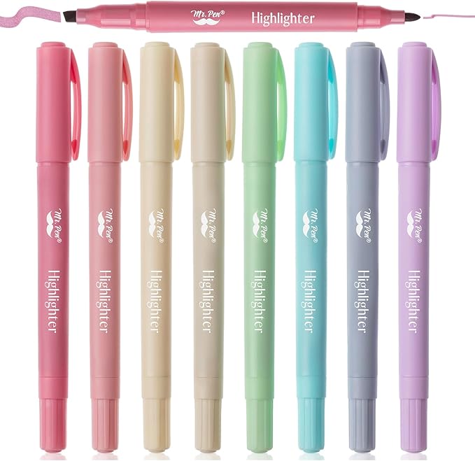 Mr. Pen- Dual Tip Highlighters, Assorted Colors, 8 Pack, Fine & Chisel Tip, Cute Highlighter Pens, Markers