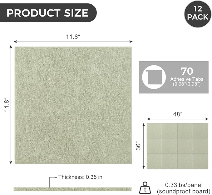 Large Felt Bulletin Board Tiles 48" x 36" Cork Board Alternative 12 Pack with 70 Adhesive Tabs Felt Wall Tiles Cork Boards for Walls Thick Slat Wall Panels for Home Office Classroom Decor