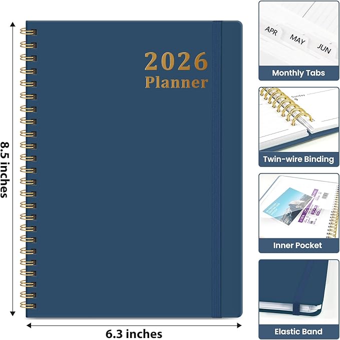 2026 Planner, Weekly and Monthly Calendar Planner, January 2026 - December 2026, Hardcover 2026 Calendar Book with Tabs For Women & Men, Inner Pocket, Spiral Bound, Perfect for Office Home School Supplies - A5 (6.3" x 8.5"), Navy