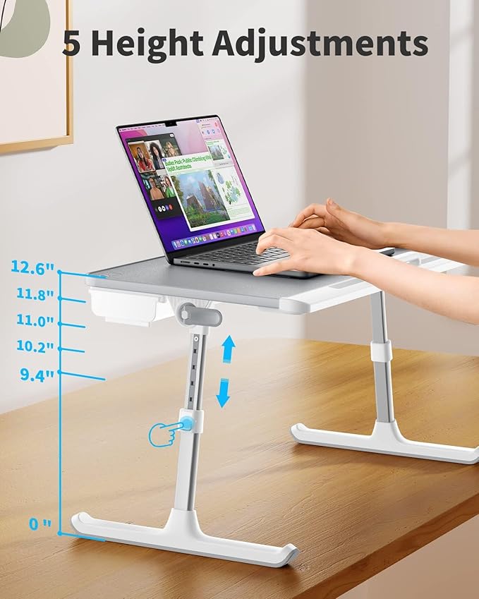 SAIJI Laptop Bed Tray Table, Adjustable PVC Leather Laptop Bed Table, Portable Standing Desk with Storage Drawer, Foldable Lap Tablet Table for Sofa Couch Floor (Gray)
