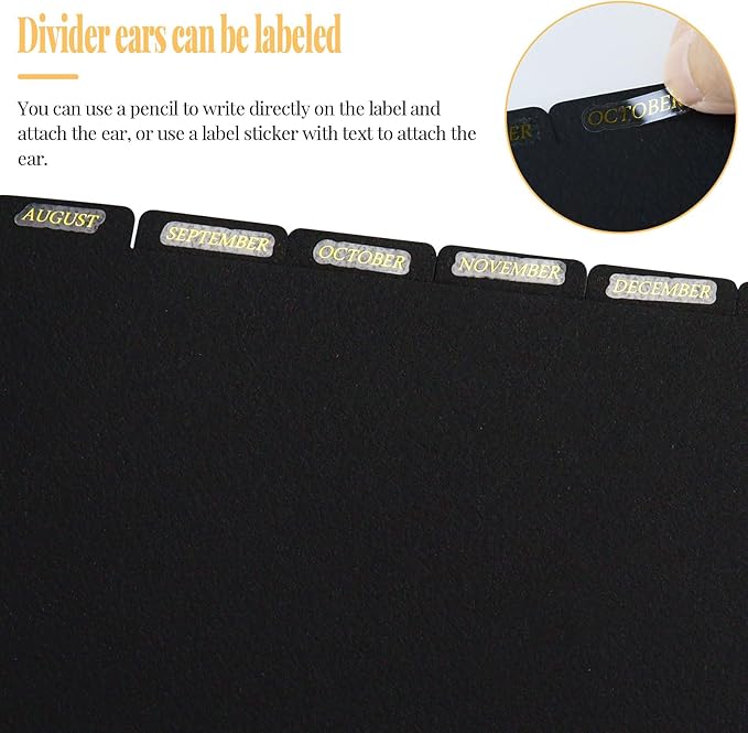 Koqye Leather Textured A5 6-Ring Binder Dividers with 6 Tabs, Black Paper Index Page Separators with Gold Stickers for Planner/Organizer (2 Set - 6 Tab with 1 Stickers)