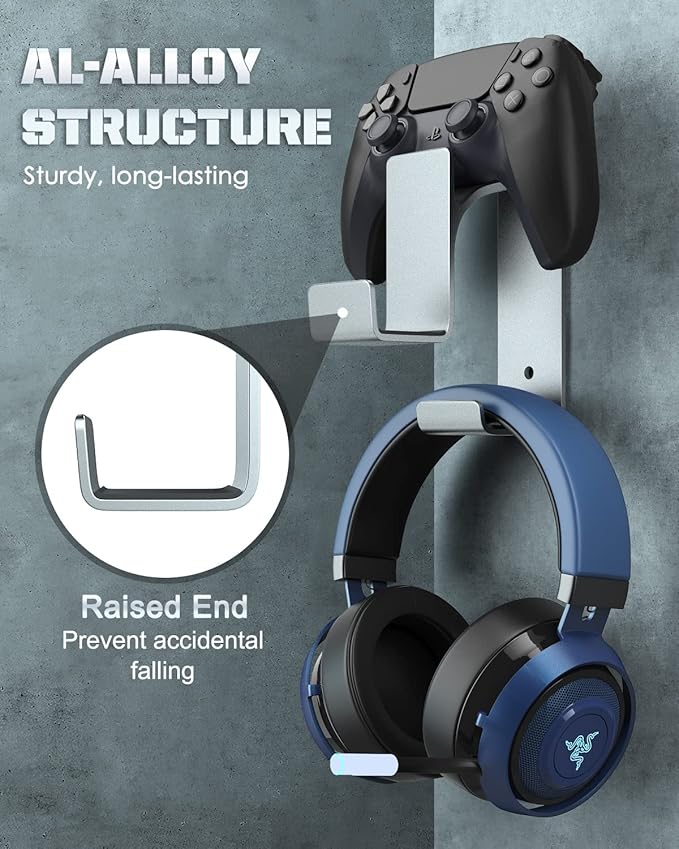 Moko Controller Holder Dual Gamepad Controller & Headphone Hanger Compatible with Xbox One, Xbox 360, PS3, PS4, PS5, PC, STEAM, Switch/Switch 2, Wall Mount Stand for All Universal Headsets, Silver