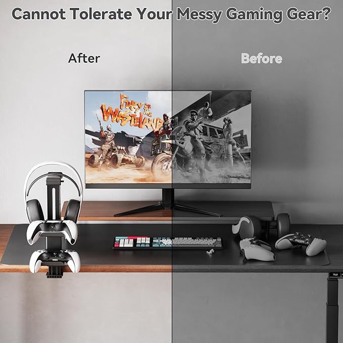 Headphone Stand & Under Desk Controller Holder with Adjustable Clamp, Controller Stand & Headset hanger for Desk Mount with 360° Rotating Hook & Cable Organizer 3-in-1 Game Organizer, PC Game Headsets