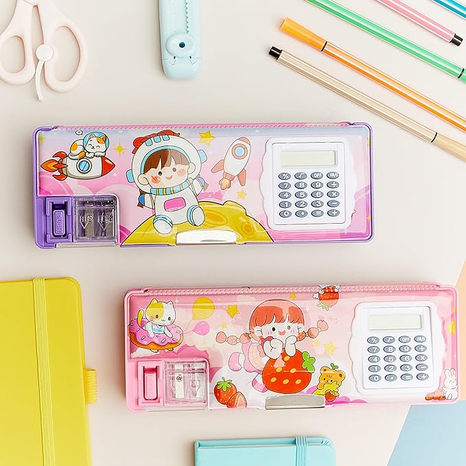 Henoyso Multifunctional Pencil Box for Girls Space Pencil Case with Calculator and Sharpener Cool Cute Pencilcase School Supplies Essentials Christmas Birthday Gift Present for Kids Teens