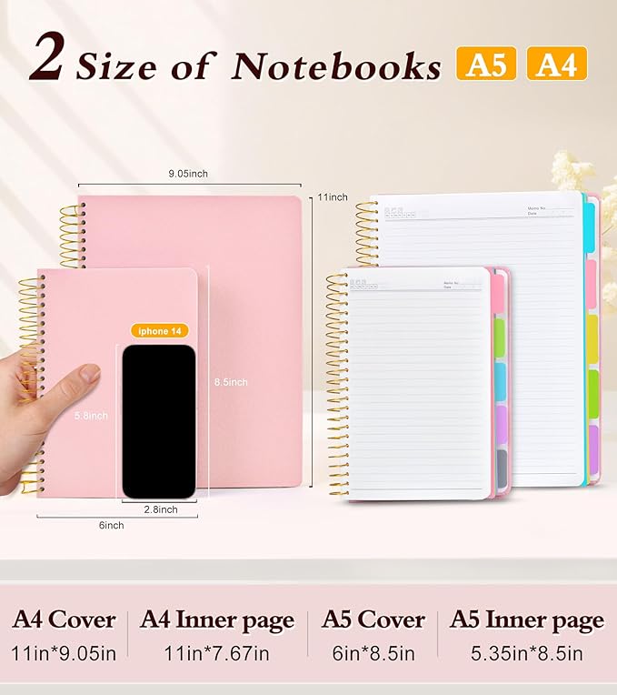 5 Subject Notebook College Ruled, A5 Hardcover Spiral Notebook with Removable Pocket Dividers Tabs, 240 Pages Lined Spiral Journal Notebook for Women, 6x8.5 Notebooks for Work School Note taking Pink