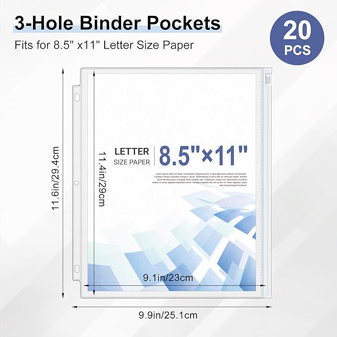 Antner 20pcs Letter Size Binder Pockets for 3 Ring Binder, White Zipper Document Organizer Pouches Heavyweight PVC 3-Hole Loose Leaf File Folders Page Sheet Protectors Side-Loading for Home Office