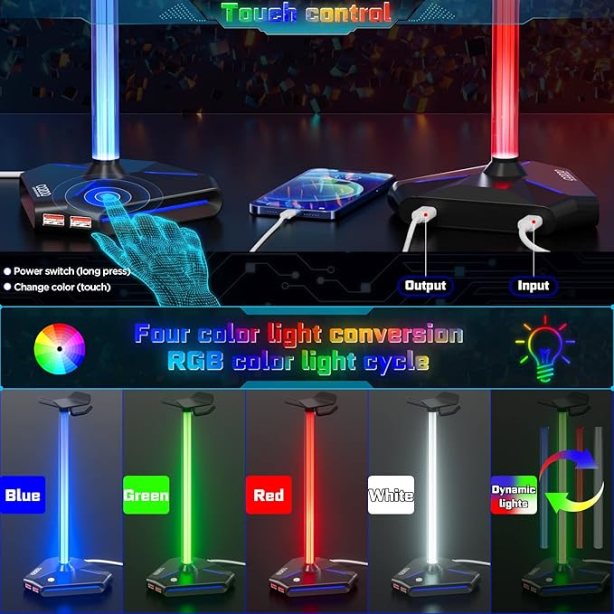 RGB Headphone Stand with 2 USB2.0 Extension Charging Port Extender Cord,Headset Stand Holder for Gamer Desktop Table Game Earphone Accessories,PC Gaming Accessories for Gamer,Gifts for Boyfriend