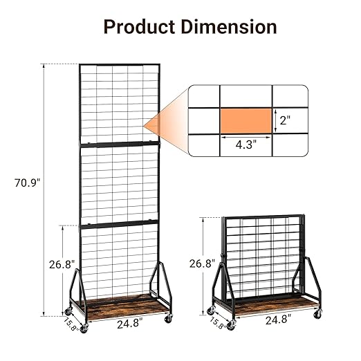 ELYKEN Foldable Grid Wall Panels 5.5' x 2' FT, Movable Wire Gridwall Display Rack with Wheels and Adjustable Foots, Retail Display Stand for Vendor with Storage (Rustic Brown)