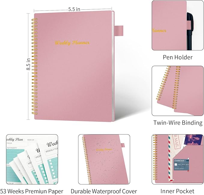 Weekly Planner Undated, Weekly Goals Schedule Planner with Spiral Binding, To Do List Notebook Calendars Organizers Habit Tracker Journal for Men & Women, Pocket,Pen Loop, 53 Weeks (5.5x8.5")