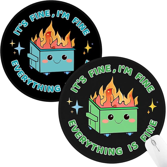 2 Pack Dumpster on Fire Mouse Pad, Funny Cute Mousepad for Desk Accessories, Small Round Mouse Pad for Wireless Mouse Gaming Computer Laptop, This is Fine Home Office Supplies Decor