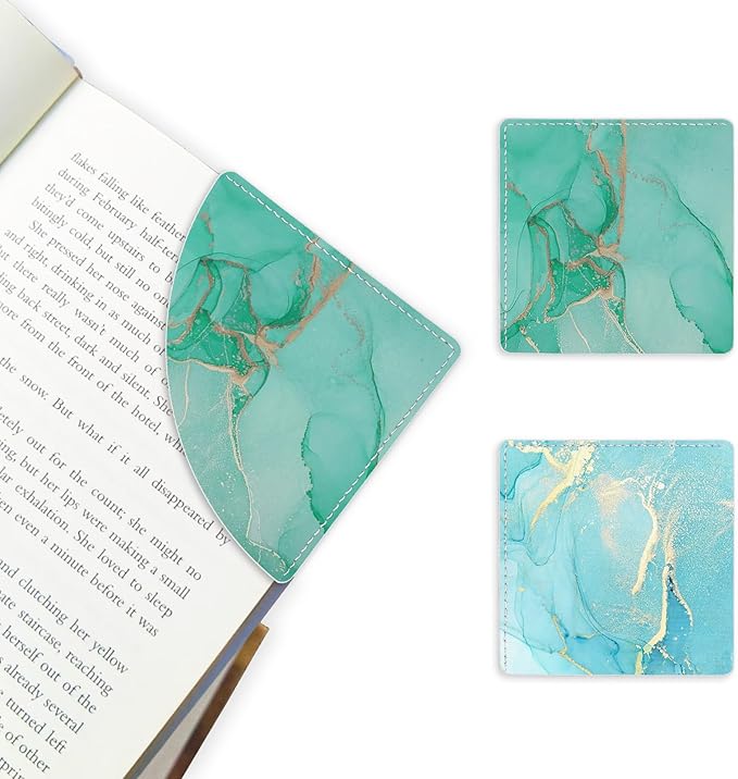 2 Pack Green and Blue Marble Leather Book Corner Bookmark, Durable Handmade Reading Accessories - Gifts for Readers, Women, Men, Teachers, Students
