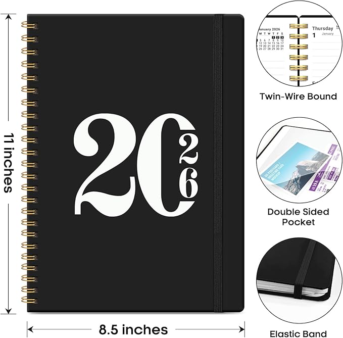 2026 Planner, Weekly and Monthly Calender Planner, Jan 2026 to Dec 2026, Hardcover 2026 Calendar Book with Tabs & Inner Pocket, Office Home School Supplies for Women & Men - A4 (8.5" x 11"), Black