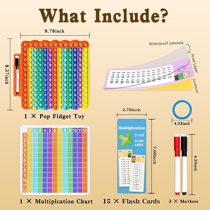 Multiplication Flash Cards + Pop Fidget Multiplication Chart, Times Table Educational Flashcard 3rd Grade, 4th, 5th, 6th Grade for Kids Home School
