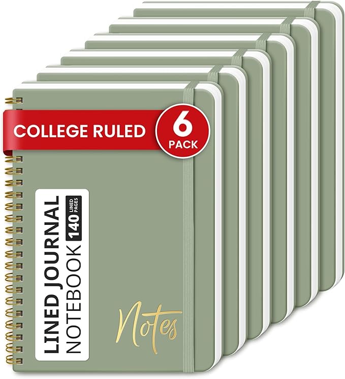 Lined Spiral Journal Notebook for Women, 6 Pack, A5 College Ruled Journals for Writing, Hardcover Notebooks for Work, Note taking and Office School Supplies,140 Pages, 6 Pcs - Green