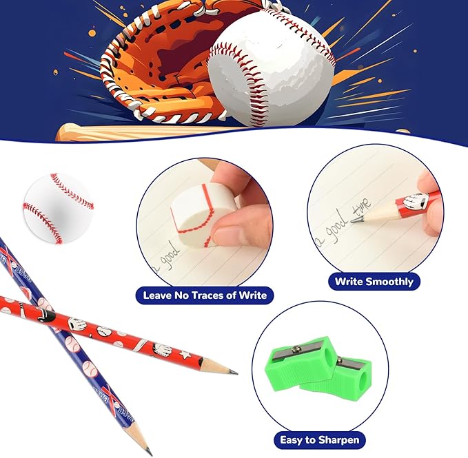 48 Pcs Baseball Pencils and Erasers for Birthday Gifts Baseball Favors Assortment Stationery Pencils for Office School Supplies Classroom Rewards.