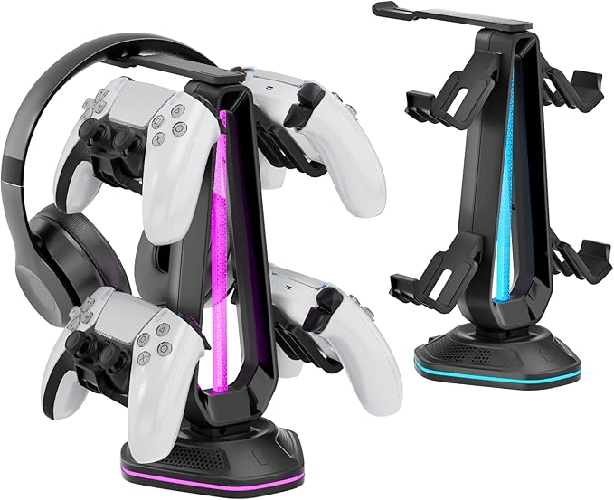 Saitake RGB Controller Holder with 9 Light Modes,Controller Stand with 2 USB Ports,Headset Stand for Desk-Headphone Holder Suitable for All Headphones and Controllers
