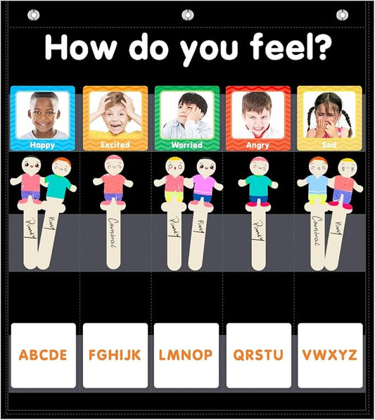 Eamay Emotions and Feelings Pocket Chart for Kids with 31 Cards,Social Emotional Learning Pocket Chart for Classroom and Home-School,Black (Black)