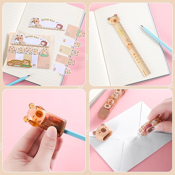 9 Pcs Cute Capybara Stationary Set Kawaii School Supplies Japanese Stationery, Includes Pencil Sharpener, Eraser, Correction Tape, Glue Tape, Sticky Notes, Ruler, Scissors for Office School Supplies
