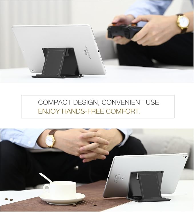 MoKo Phone/Tablet Stand, Foldable Desktop Holder Fit with iPhone 17/17 Air/17 Pro/17 Pro Max, iPhone 16/Pro/Pro Max/Plus, iPhone 15/Pro/Pro Max/Plus, iPhone 14/Pro/Pro Max/Plus,Steam Deck,Black(Large)
