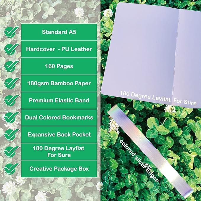 BUKE Dotted Notebook Journal 180GSM Bamboo Thick White Paper 160 Pages 5 * 5MM Dot Grid, Lay Flat Binding,Colored Silver Edges, Bookmarks and Expandable Back Pocket (BKP-9)