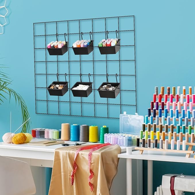 6 Pcs Grid Wall Storage Bin with Hooks, Square Box Shape Hanging Baskets, 3.5 x 2.5 x 1.8 Inch Pegboard Cups for Garage, Kitchen, Office, Craft Room Durable Space Saving Organizer