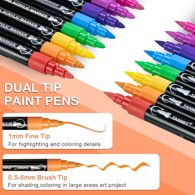 24 Colors Acrylic Paint Pens, Dual Tip Acrylic Paint Markers with Brush Tip and Fine Tip, Acrylic Pens for Rock Painting, Wood, Canvas, Stone, Glass, Ceramic,DIY Crafts Making Art Supplies