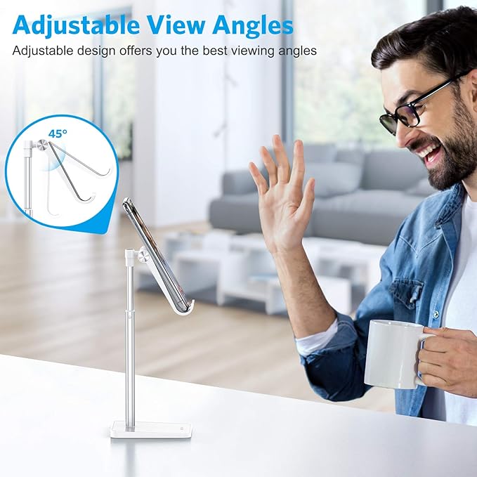 OMOTON Cell Phone Stand, Adjustable Angle Height Desk Phone Dock Holder for iPhone Air 17 Pro Max/Plus/XS/XR, Samsung Galaxy S20 / S10 / S9 / S8 and Other Phones (3.5-7.0-Inch),Silver