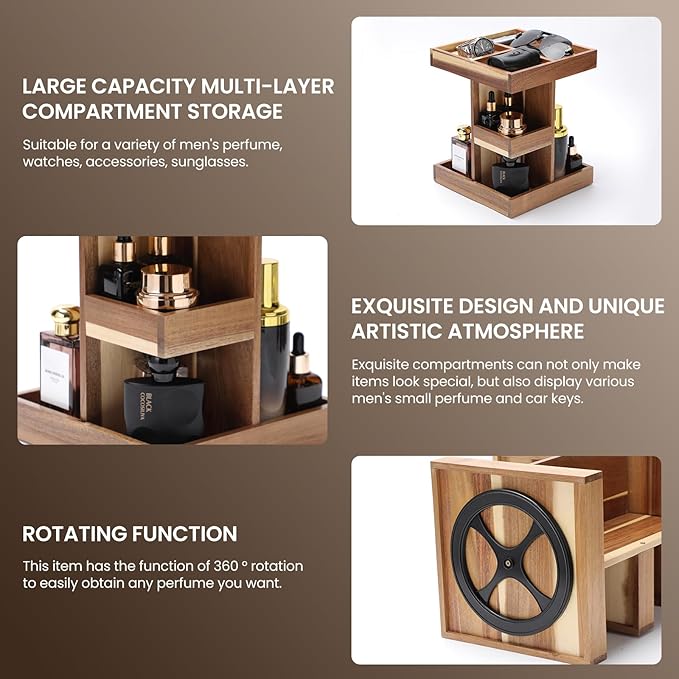 EXIN DECHEN Cologne Organizer for Men,Cologne Stand,3 Tier Wooden Perfume Shelf with Rotate,Desk Organizer,Gifts for Dad From Wife,Husband Boyfriend Birthday Gift Ideas,Gifts for Men