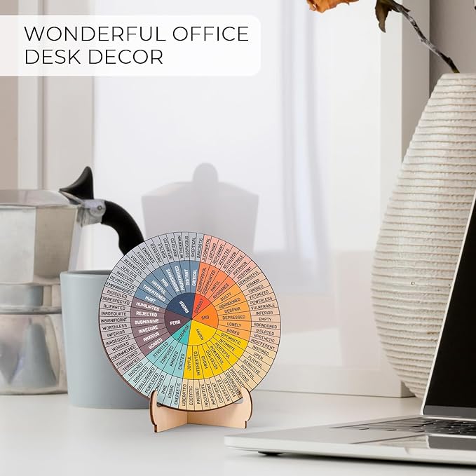 Feelings Wheel Therapy Office Desk Decor - Double Sided Mental Health Emotions Chart with Stand, Therapist Gifts for Home Office Women Man