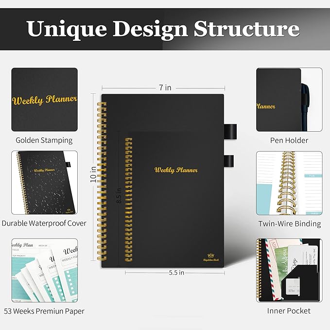 Weekly Planner Undated, Weekly Goals Schedule Planner Regolden-Book To Do List Notebook Calendars Organizers Habit Tracker Journal for Man & Women, Spiral Binding, Pocket, Pen Loop, 53 Weeks (7x10")
