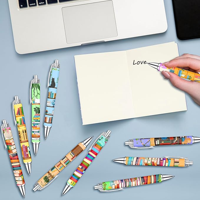 Idealmuzik Bookshelf Theme Ballpoint Pens, 10 Pack – Colorful Book & Library Design Pens with Reading and Study Icons, Smooth Writing Pens for Students, Teachers, Readers & Office Use