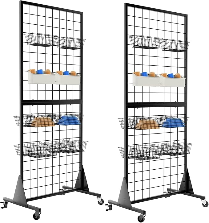 2-Pack Gridwall Panel Display Stand, 2'x5.5' Heavy Duty Floor Standing Rack with Detachable Girdwall, Movable Silent Wheel, Easy to Transport, Ideal for Retail & Craft Fairs