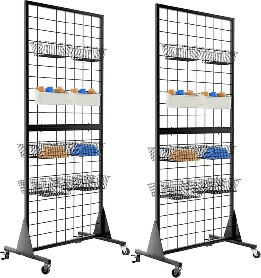 2-Pack Gridwall Panel Display Stand, 2'x5.5' Heavy Duty Floor Standing Rack with Detachable Girdwall, Movable Silent Wheel, Easy to Transport, Ideal for Retail & Craft Fairs