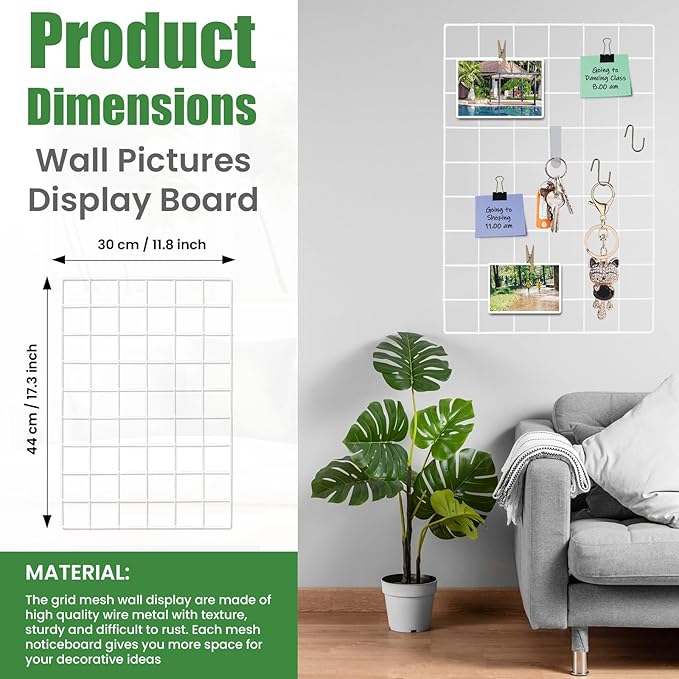 Metal Grid Wall Panel White, Wire Grid Photo Display Organizer, 17.3"×11.8" Wire Board Grid Wall, Grid Picture Frame, 4-Pack Wire Mesh Memo Board with Clips and Hooks