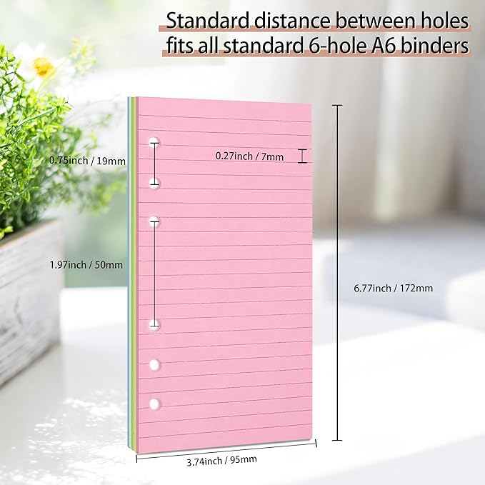 Lined Refill Paper, Colorful Ruled Journal Fillers for A6 Size 6-Ring Binder, A6 Planner Inserts,5-color 120 GSM Thick Loose Leaf Paper,50 Sheets/100 Pages