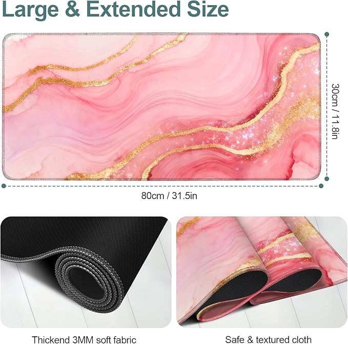 Pink and Gold Stripes Extended Gaming Mouse Pad 31.5x11.8inches Large Desk Mat Anti-Slip Rubber Base & Durable Stitched Edges for Gamers Smooth Mouse Writing Surface for Desk Office/Home