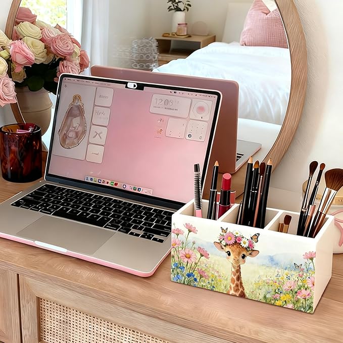 Giraffe Pen Pencil Holder for Desk Accessories, Giraffe Gifts for Women & Kids, Rustic Butterfly Flower Wild Animal Wooden Box Sign Decorations for Kids Room Home Office Desk Tabletop