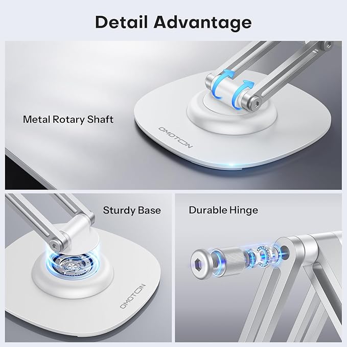 OMOTON 360°Rotating Magnetic Phone Stand for Desk, Adjustable Foldable Aluminum for MagSafe Cell Phone Stand Holder with Non-Slip Base, for iPhone 16/15/14/13 Pro Max (White)