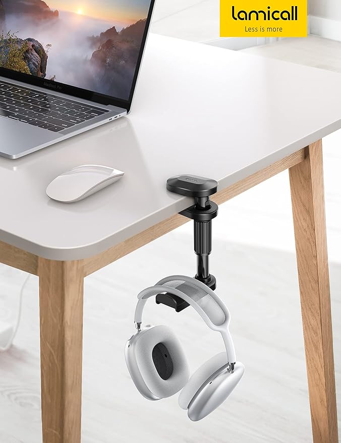 Lamicall Headphone Stand, Headset Holder - [2025 Upgarded] 360° Rotating Headphone Hanger, Earphone Holder Hook Mount Clamp Under Desk for Airpods Max, Sennheiser, More, Black