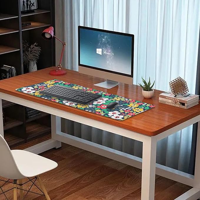 Colorful Floral and Green Leaves Desk Pad Mouse Pad,Flowers XL Mouse Mat with Stitched Edges,Non-Slip Rubber Base Large Mousepad for Office PC Keyboard Laptop and Homework Desk Mat(31.5X11.8 in)