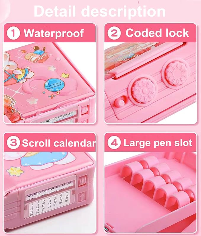 Pop up Multifunction Pencil Case for Kids, kawaii Pen Box Bag Pencil Holder for School Students,Cute Pencil box for Girls and Boys with Sharpener,Password Lock, Schedule, Whiteboard (Pink3)