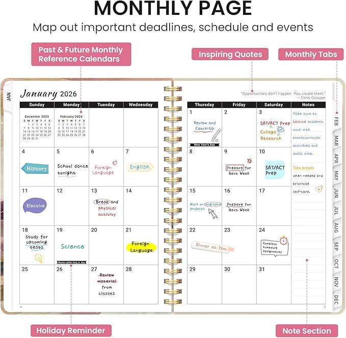 2026 Planner, Weekly and Monthly Calendar Planner for Women, Jan 2026 - Dec 2026, Hardcover Planning Agenda book with Tabs, Spiral Bound, Inner Pocket, Perfect for School Office Supplies, 6.3" x 8.5" - Landscape