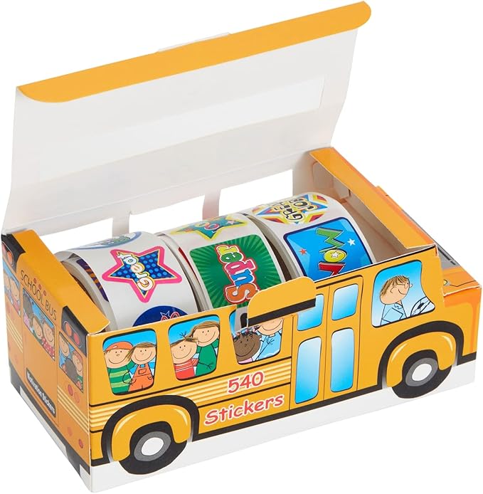 Juvale Teacher Reward Motivational Stickers - 6 Self-Adhesive Rolls (1080 Count) & 2 School Bus Dispensers - 1 in Multicolor Star, Square & Circle Designs - Classroom Essentials & Teacher Supplies