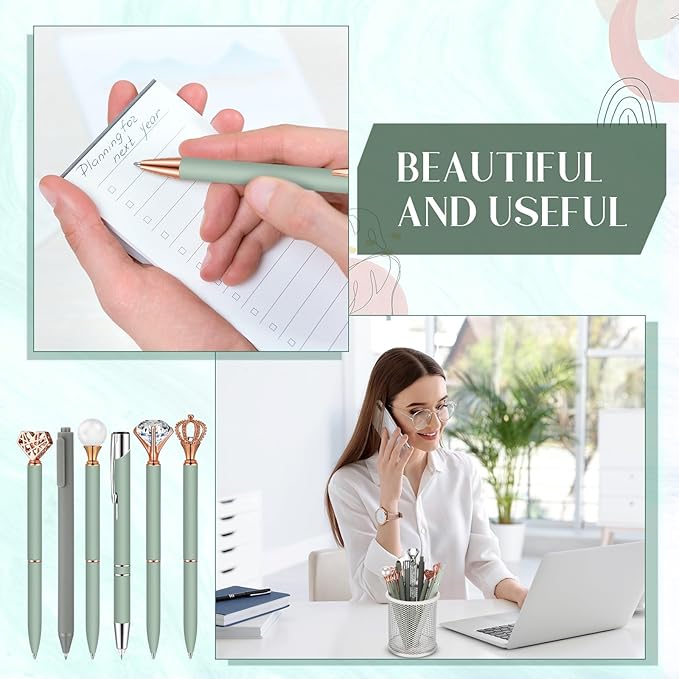 Janmini 9 Pcs Ballpoint Pens Set Metal Crystal Diamond Glitter Pens for Journaling Black Ink Pretty Cute Things Fancy Stationery Gifts for Women Girls Birthday Home Office Desk (Sage Green)
