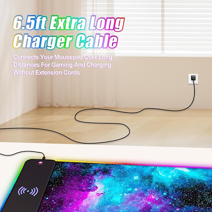 ToLuLu Wireless Charging RGB Gaming Mouse Pad, 15W LED Mouse Mat with 30W Charger, 14 Light Modes Large Mousepad with Wrist Support, Non-Slip Rubber Base Desk Mat Computer Keyboard Pad, Galaxy Nebula