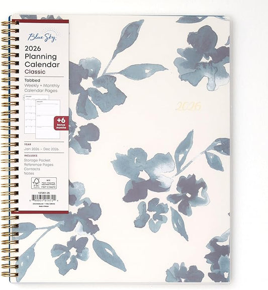 Blue Sky 2026 Weekly and Monthly Planner Calendar, January 2026 - December 2026, 8.5" x 11", Flexible Cover, Laminated Tabs, Durable Twin Wire Binding, Storage Pocket, Bakah Blue