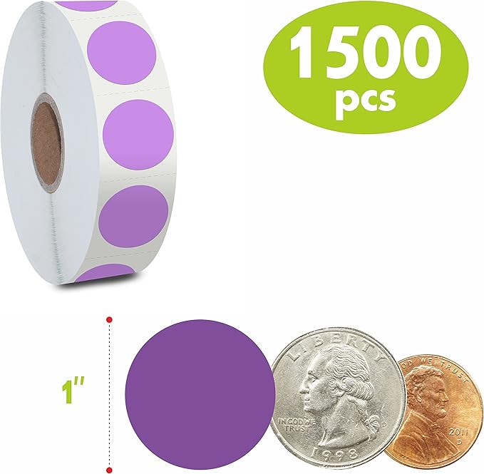 1500 PCS Purple Round Color Coding Circle Dots Inventory Stickers Labels with Perforation Line in Roll (Each Measures 1" in Diameter)