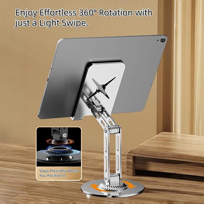 All-Metal Cell Phone Stand 360° Rotatable & Height Adjustable - 25KG Super Load-Bearing, Foldable Desk Stand for Phone & Tablet, Compatible with iPhone 17/16/15/14, Nintendo Switch, Silver
