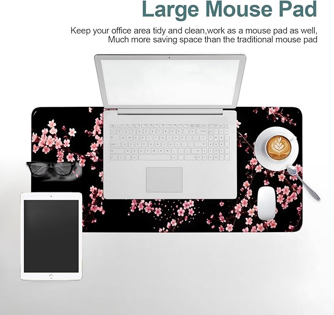 Cherry Blossom Falling Extended Gaming Mouse Pad XL 31.5"x11.8" – Pink Floral Desk Mat – Non-Slip Rubber Base, Stitched Edges