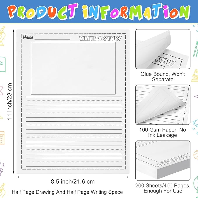 200 Sheets Kindergarten Writing Paper Writing Paper for Kids Story, Back to School Supplies Bulk Primary Notebook with Picture Space and Lines 8.5 x 11 Inches Handwriting Papers for Creating